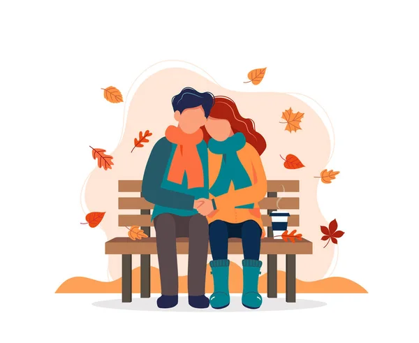 Pasangan duduk di bangku cadangan di musim gugur dengan kopi. Ilustrasi vektor dalam gaya datar - Stok Vektor