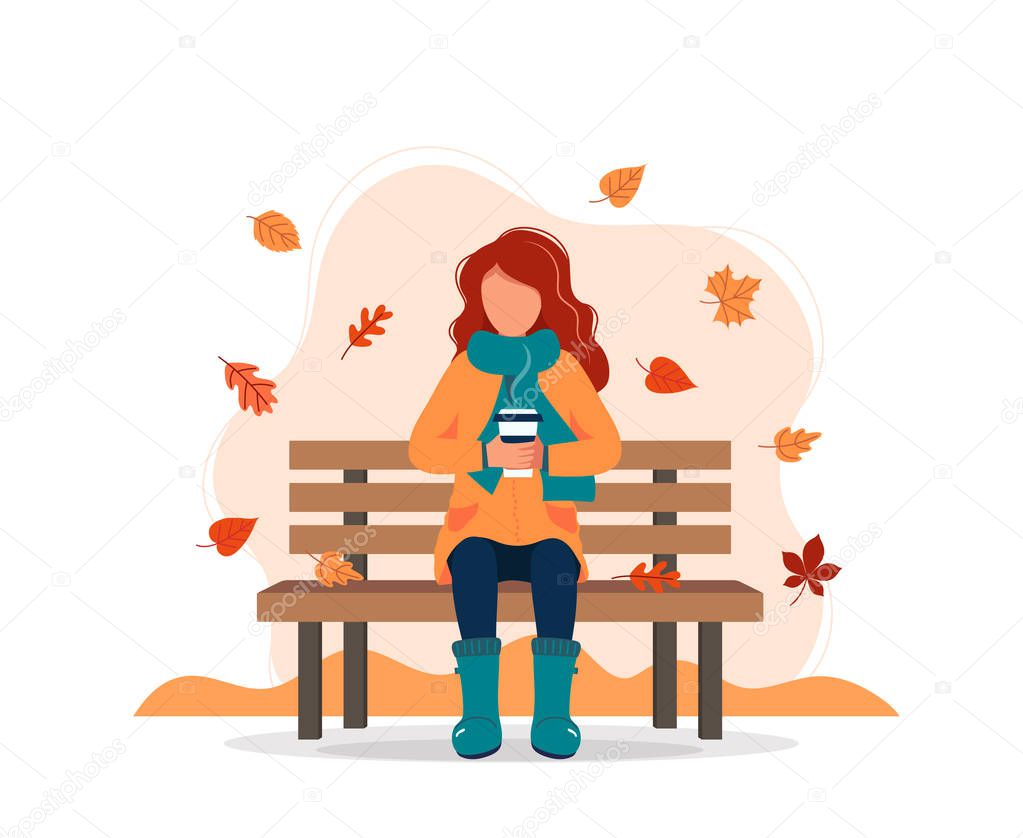 Woman sitting on bench in autumn with coffee. Vector illustration in flat style