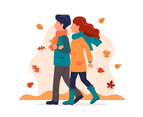 Paar wandelen in de herfst. Vector illustratie in platte stijl — Stockvector