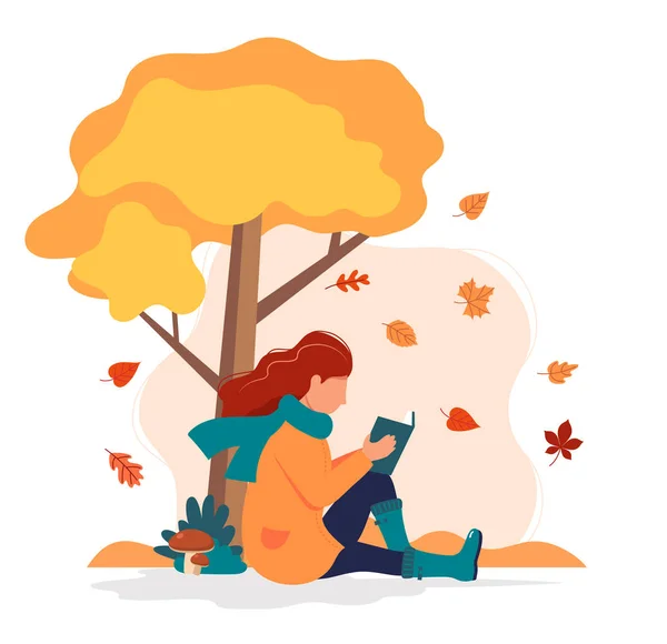 Žena seděla na podzim s knihou pod stromem. Vektorová ilustrace v plochém stylu — Stockový vektor