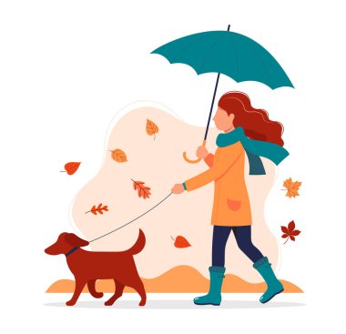 Sonbaharda şemsiyeyle köpek gezdiren bir kadın. Düz biçimli vektör illüstrasyonu