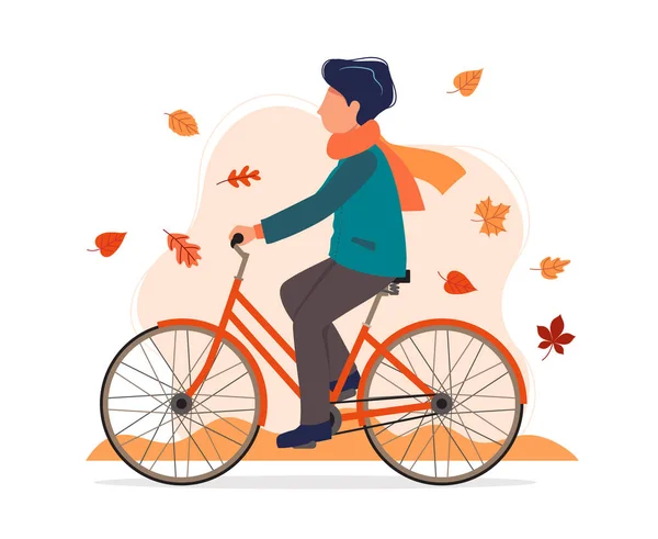 Hombre con bicicleta en otoño. Ilustración vectorial en estilo plano — Vector de stock
