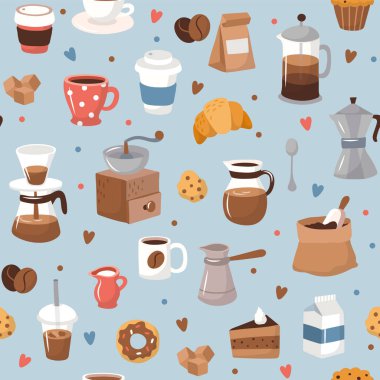 Kahve deseni, farklı kahve elementleri. Mavi arka plan Vektör illüstrasyon el çizilmiş tarzı Sevimli karikatür simgeleri