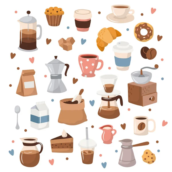 Kaffe samling, olika kaffe element med bokstäver. Söta tecknade ikoner i handritad stil. Vektor illustration — Stock vektor