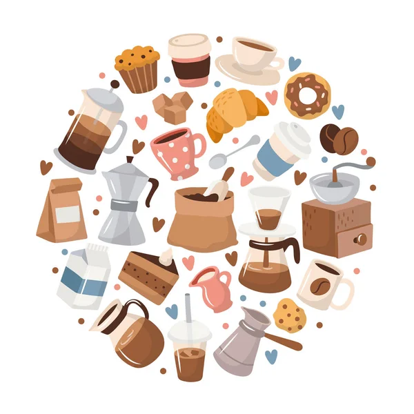 Kaffe element i cirkulär ram. Söta tecknade ikoner i handritad stil. Vektor illustration — Stock vektor