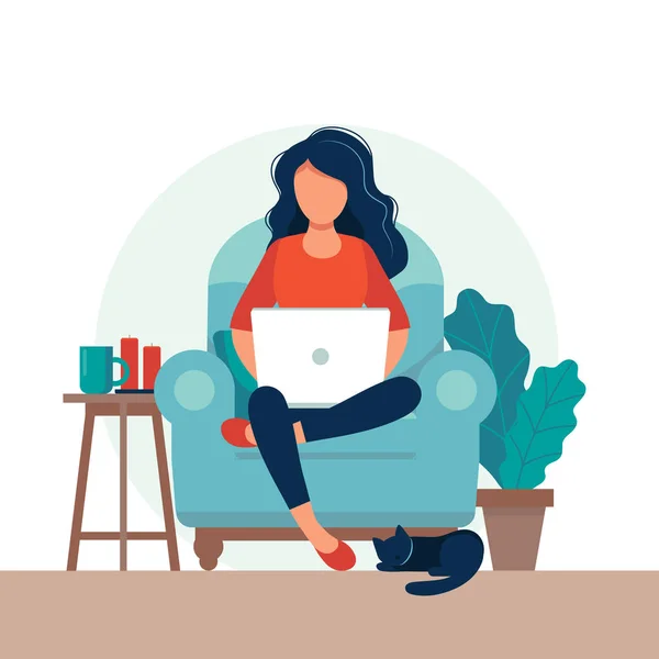 Menina com laptop na cadeira. Freelance ou conceito de estudo. Ilustração bonito em estilo plano. —  Vetores de Stock