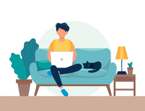 Pria dengan laptop di sofa. Pekerja lepas atau belajar konsep. Cute ilustrasi dalam gaya datar . - Stok Vektor