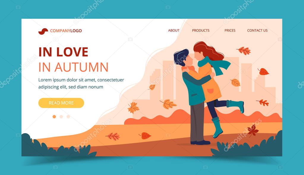 Loving couple in autumn. Landing page template. Cute vector illustration in flat style.