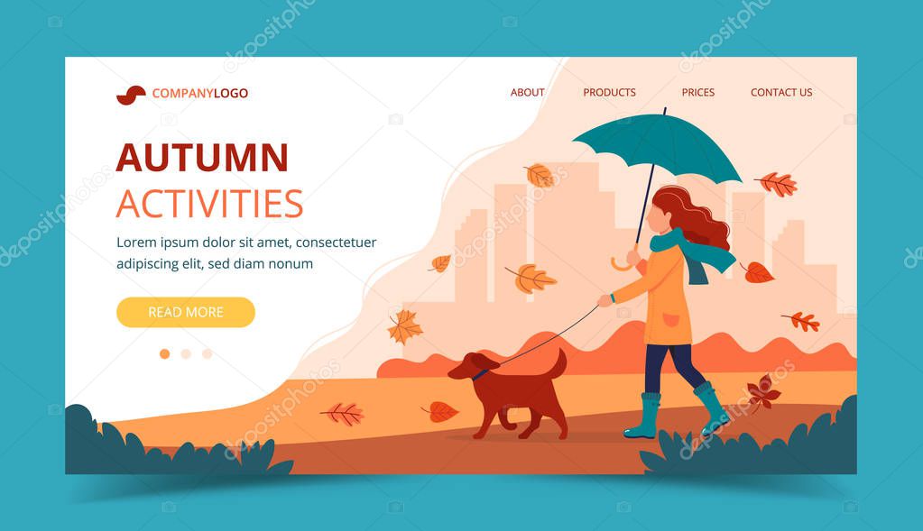 Woman walking a dog in autumn with umbrella. Landing page template. Cute vector illustration in flat style.
