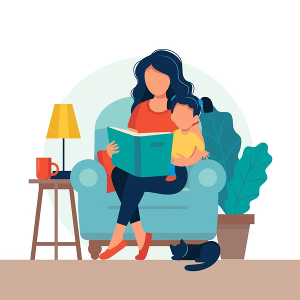 Mutti liest für Kind. Familie sitzt auf dem Stuhl mit Buch. niedliche Vektorillustration im flachen Stil — Stockvektor