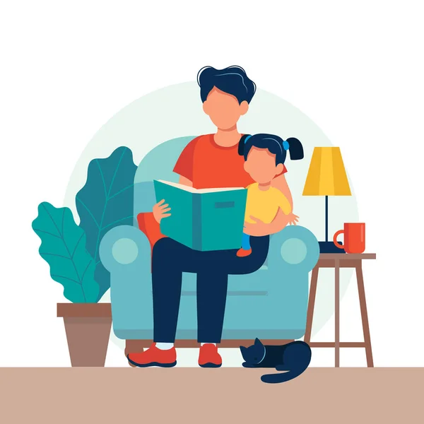 Papá leyendo para el niño. Familia sentada en la silla con libro. Lindo vector de ilustración en estilo plano — Archivo Imágenes Vectoriales
