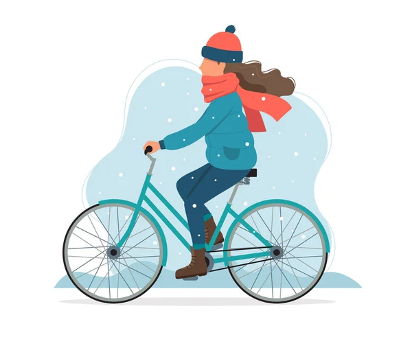 Chica montando en bicicleta en invierno. Lindo vector de ilustración en estilo plano — Vector de stock