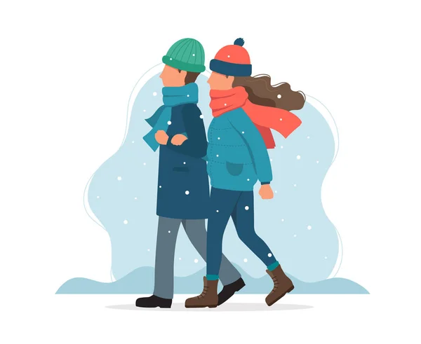 Couple marchant en hiver. Illustration vectorielle mignonne dans un style plat — Image vectorielle