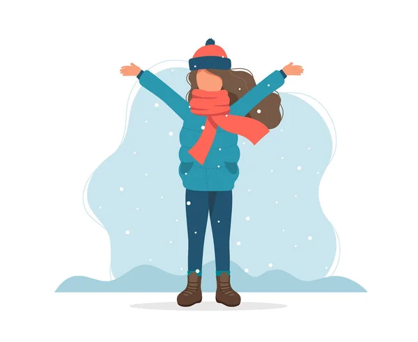 Dívka si v zimě hraje se sněhem. Roztomilá vektorová ilustrace v plochém stylu — Stockový vektor