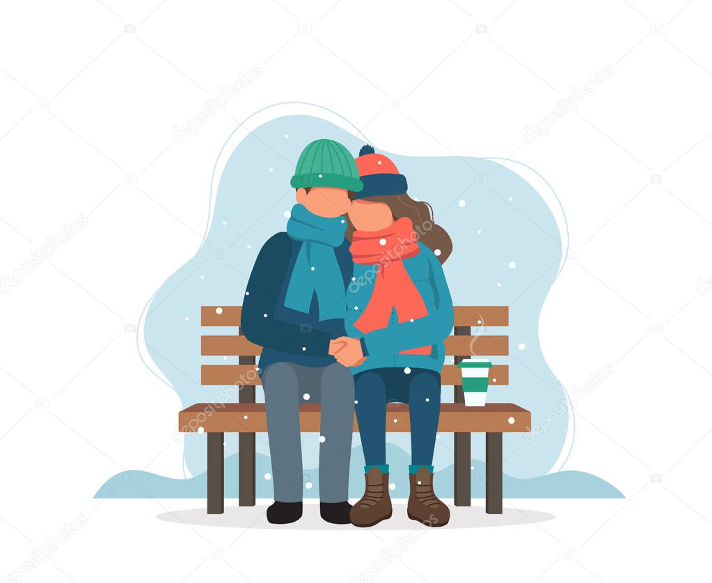 Couple sitting on bench in winter with coffee. Cute vector illustration in flat style