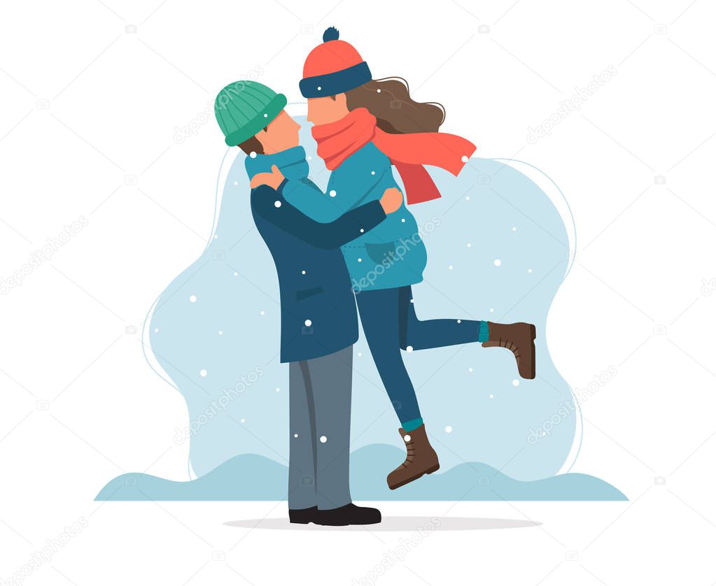 Loving couple in winter. Cute vector illustration in flat style