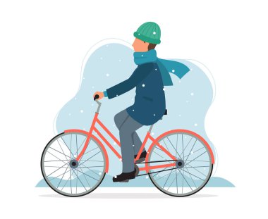 Kışın bisiklet süren bir adam. Düz biçimdeki şirin vektör illüstrasyonu