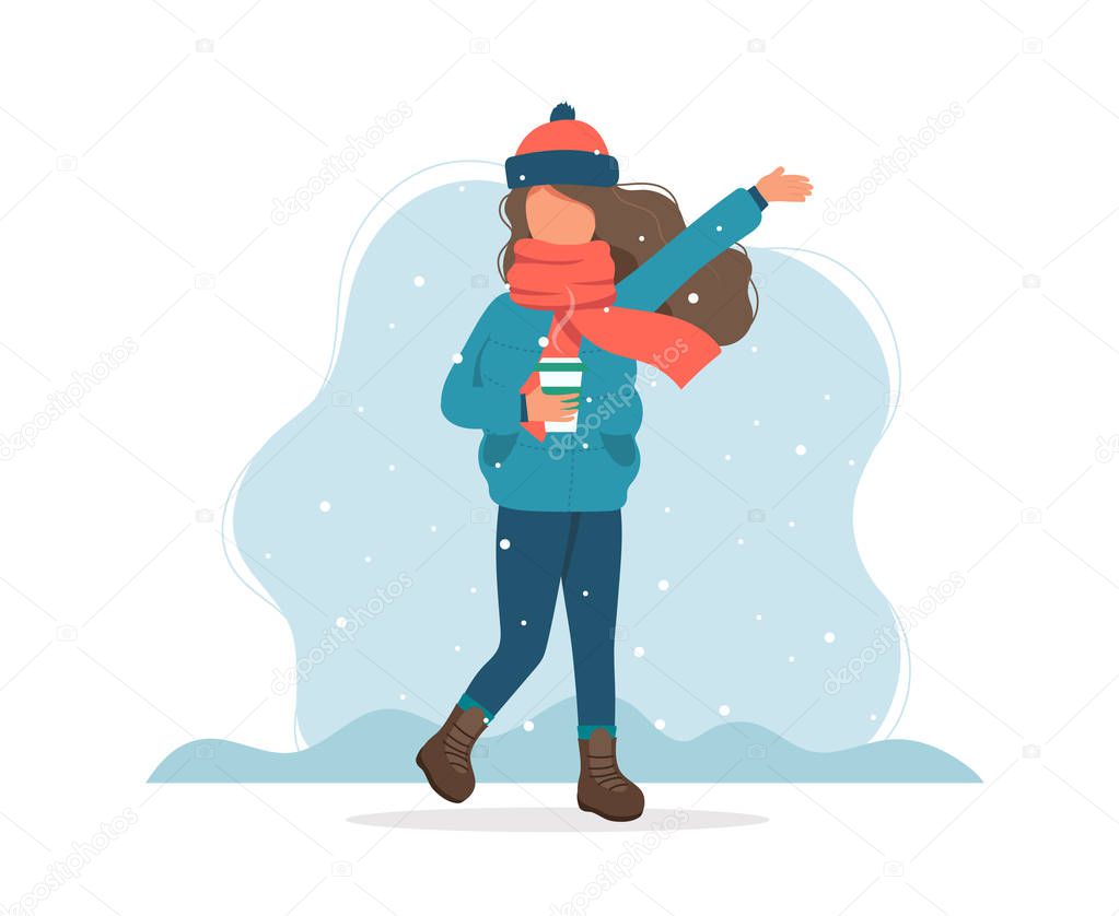 Girl with snow in winter with coffee cup. Cute vector illustration in flat style