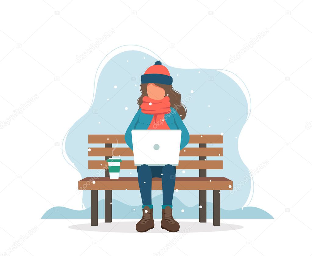 Girl with computer on bench in winter with coffee. Cute vector illustration in flat style