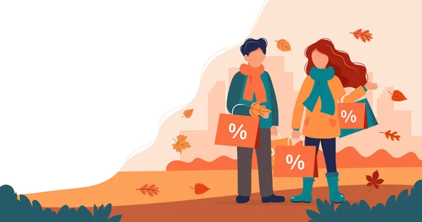 Herfst Sale, man en vrouw met boodschappentassen in de herfst. Vector illustratie in platte stijl — Stockvector