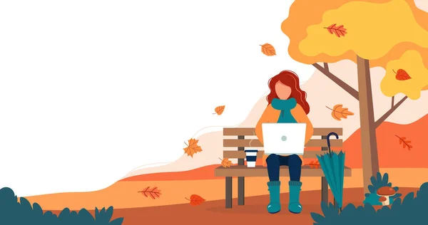 Flicka med laptop sitter på bänken på hösten. Söt vektor illustration i platt stil. — Stock vektor