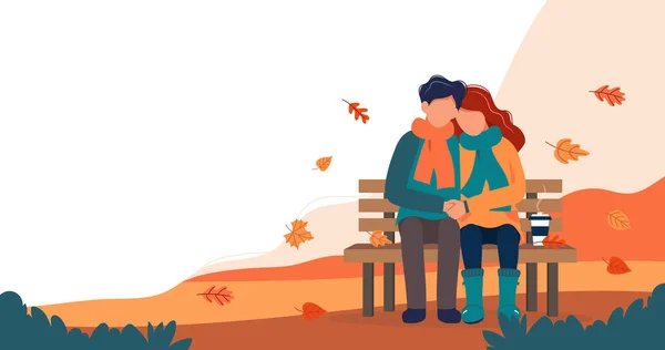 Couple aimant sur le banc en automne. Illustration vectorielle mignonne dans un style plat . — Image vectorielle