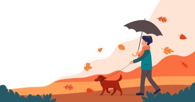 Sonbaharda köpeği gezdiren adam. Düz biçimdeki şirin vektör illüstrasyonu.