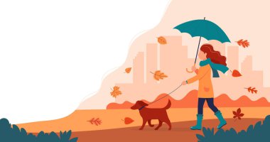 Sonbaharda şemsiyeyle köpek gezdiren bir kadın. Düz biçimdeki şirin vektör illüstrasyonu.