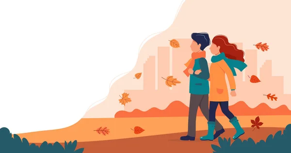 Couple marchant en automne. Illustration vectorielle mignonne dans un style plat . — Image vectorielle