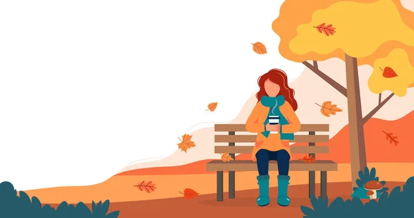 Dívka s kávou sedí na lavičce na podzim. Roztomilá vektorová ilustrace v plochém stylu. — Stockový vektor