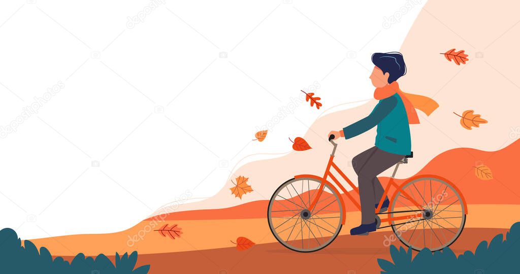 Man riding bike in the park in autumn. Cute vector illustration in flat style.