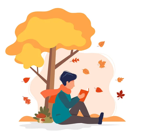 Mann sitzt mit Buch unter dem Baum im Herbst. Vektor-Illustration im flachen Stil — Stockvektor