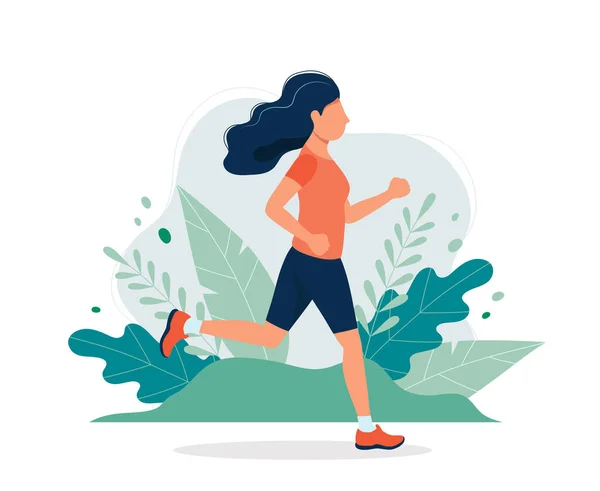 Mujer feliz corriendo en el parque. Ilustración vectorial en estilo plano, ilustración conceptual para un estilo de vida saludable, deporte, ejercicio . — Archivo Imágenes Vectoriales