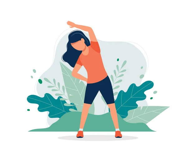 Szczęśliwa kobieta ćwicząca w parku. Ilustracja wektor w stylu płaskim, ilustracja koncepcja dla zdrowego stylu życia, sport, ćwiczenia. — Wektor stockowy