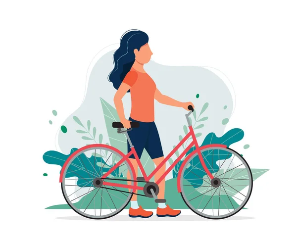 Mujer feliz con una bicicleta en el parque. Ilustración vectorial en estilo plano, ilustración conceptual para un estilo de vida saludable, deporte, ejercicio . — Vector de stock