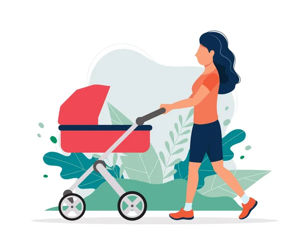 Gelukkige vrouw met een kinderwagen in het park. Vector illustratie in platte stijl, concept illustratie voor een gezonde levensstijl, moederschap. — Stockvector