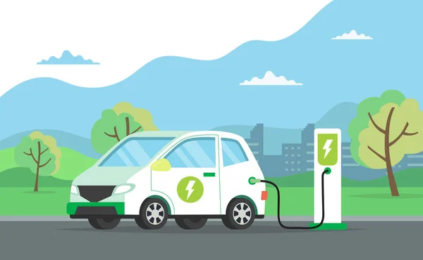 Auto elettrica carica la sua batteria con paesaggio naturale, concetto di illustrazione per l'ambiente verde, ecologia, sostenibilità, aria pulita, futuro. Illustrazione vettoriale in stile piatto. — Vettoriale Stock