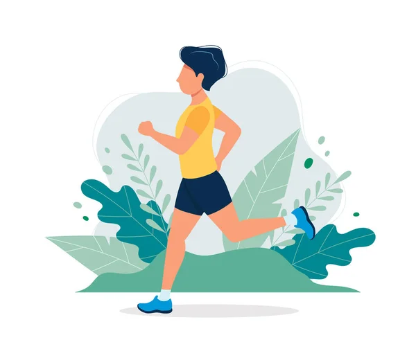 Un hombre feliz corriendo por el parque. Ilustración vectorial en estilo plano, ilustración conceptual para un estilo de vida saludable, deporte, ejercicio . — Archivo Imágenes Vectoriales