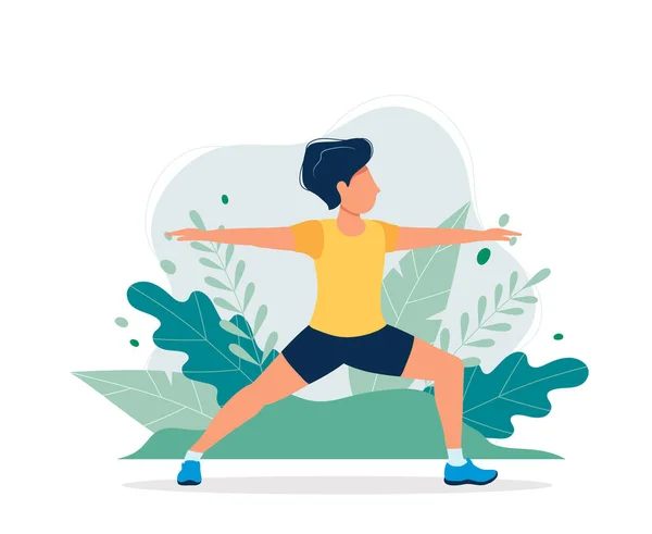 Un hombre feliz haciendo ejercicio en el parque. Ilustración vectorial en estilo plano, ilustración conceptual para un estilo de vida saludable, deporte, ejercicio . — Archivo Imágenes Vectoriales