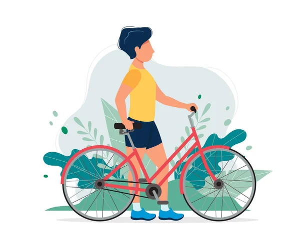 Un hombre feliz con una bicicleta en el parque. Ilustración vectorial en estilo plano, ilustración conceptual para un estilo de vida saludable, deporte, ejercicio . — Vector de stock