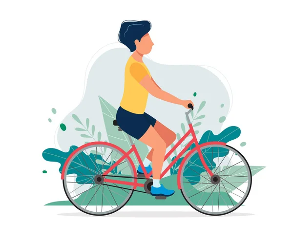 Un hombre feliz con una bicicleta en el parque. Ilustración vectorial en estilo plano, ilustración conceptual para un estilo de vida saludable, deporte, ejercicio . — Vector de stock