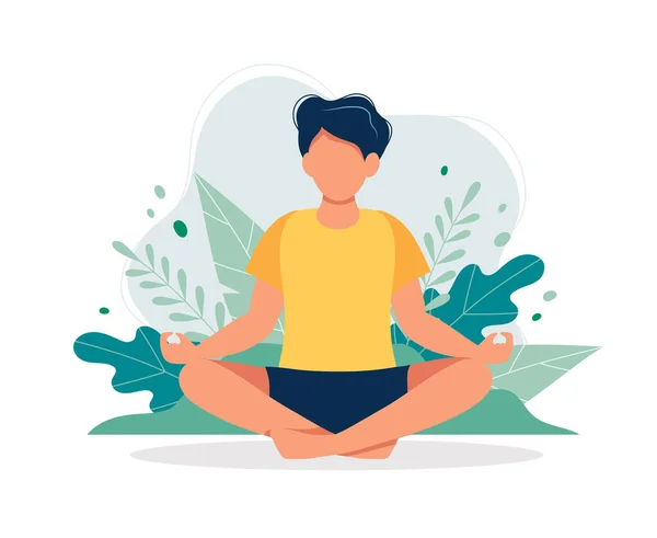 El hombre medita en la naturaleza y se va. Ilustración conceptual para yoga, meditación, relax, recreación, estilo de vida saludable. Ilustración vectorial en estilo plano de dibujos animados — Vector de stock