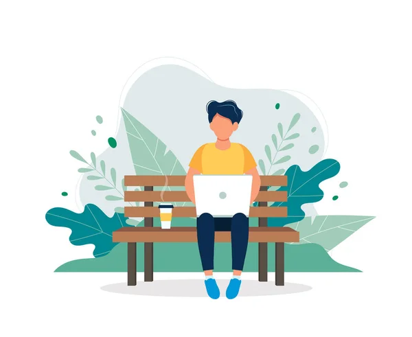 Hombre con portátil sentado en el banco en la naturaleza y se va. Ilustración conceptual para freelance, trabajo, estudio, educación, trabajo desde casa, estilo de vida saludable. Ilustración vectorial en estilo plano — Vector de stock