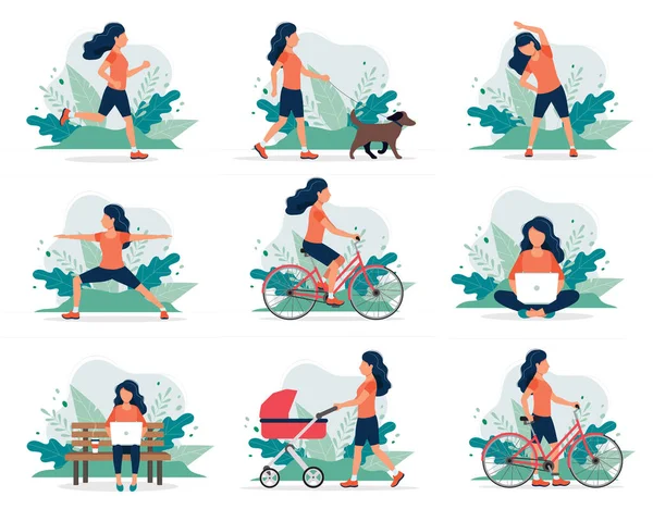 Mulher feliz fazendo diferentes atividades ao ar livre: corrida, caminhada do cão, ioga, exercício, esporte, ciclismo, andando com carruagem do bebê. Ilustração vetorial em estilo plano, conceito de estilo de vida saudável . — Vetor de Stock