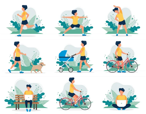 Glad man som gör olika utomhusaktiviteter: löpning, hundpromenader, yoga, träning, sport, cykling, promenader med barnvagn. Vektor illustration i platt stil, hälsosam livsstil koncept. — Stock vektor