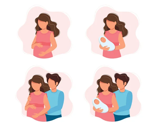 Zwangerschap en ouderschap concept illustraties - verschillende scènes met zwangere vrouw, vrouw met een pasgeboren baby, een verwacht paar, ouders met een baby. Vector illustratie in cartoon stijl. — Stockvector