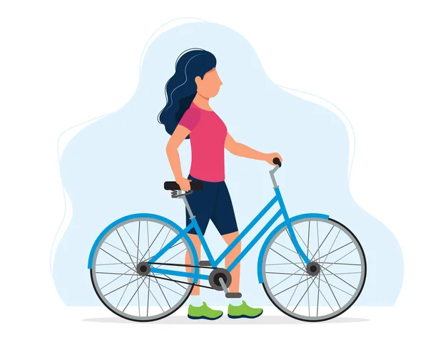 Mujer con bicicleta, ilustración conceptual para un estilo de vida saludable, deporte, ciclismo, actividades al aire libre. Ilustración vectorial en estilo plano — Vector de stock