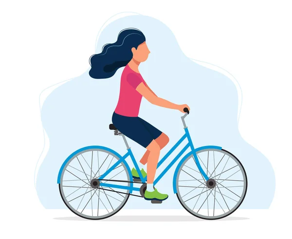 Mujer con bicicleta, ilustración conceptual para un estilo de vida saludable, deporte, ciclismo, actividades al aire libre. Ilustración vectorial en estilo plano — Vector de stock