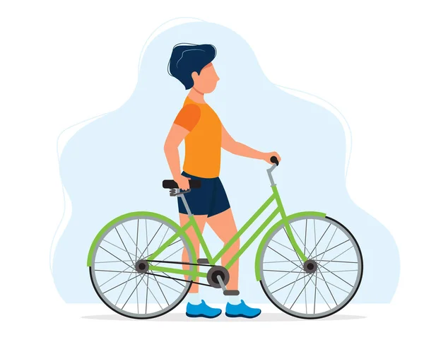 Hombre con bicicleta, ilustración conceptual para un estilo de vida saludable, deporte, ciclismo, actividades al aire libre. Ilustración vectorial en estilo plano — Vector de stock