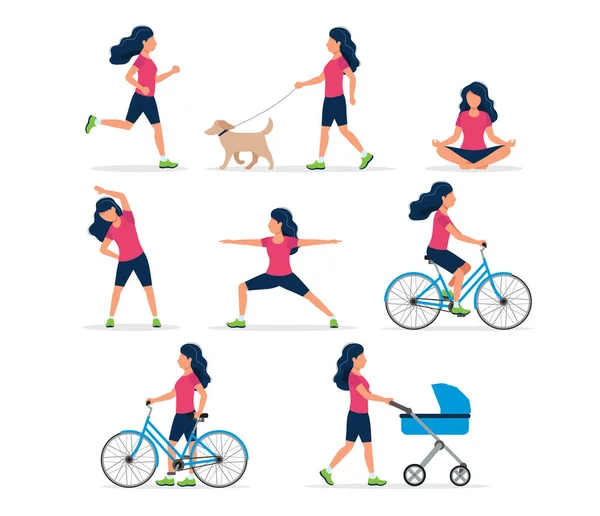 Femme heureuse faisant différentes activités de plein air : course à pied, promenades en chien, yoga, exercice, sport, vélo, marche en calèche. Illustration vectorielle à plat, concept de mode de vie sain . — Image vectorielle